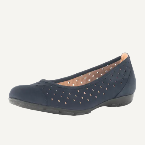 Navy blue shoe with perforated design on a white background
