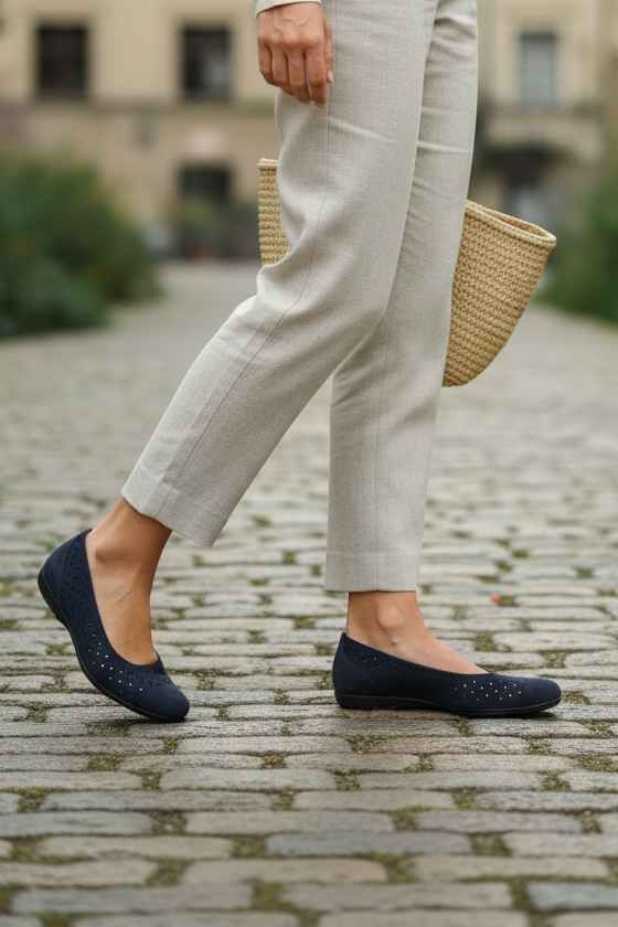 Person wearing light gray pants and navy flats walking on a cobblestone street.