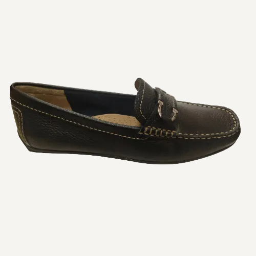navy leather loafer shoe on a white background