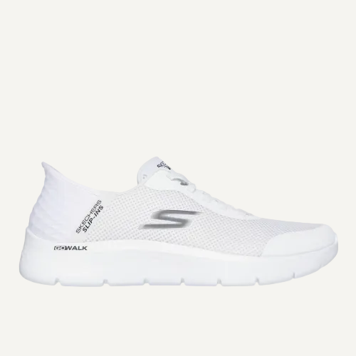 White sneaker with brand logo on a white background