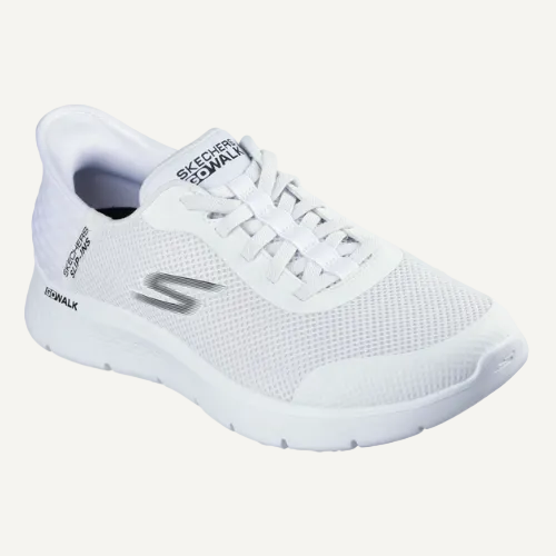 White sneaker with 'Skechers' branding on a white background