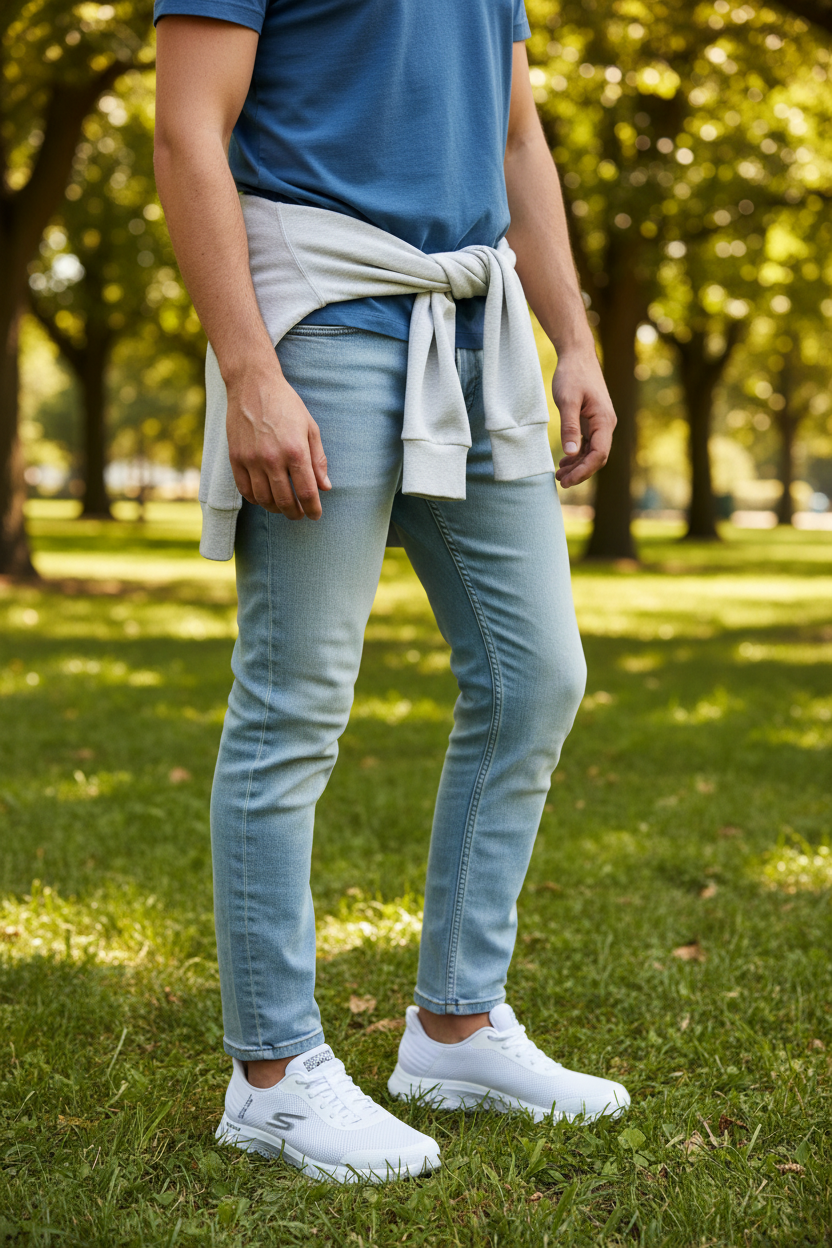 Person wearing a blue shirt, light gray sweater, light blue jeans, and white sneakers standing on grass with trees in the background.