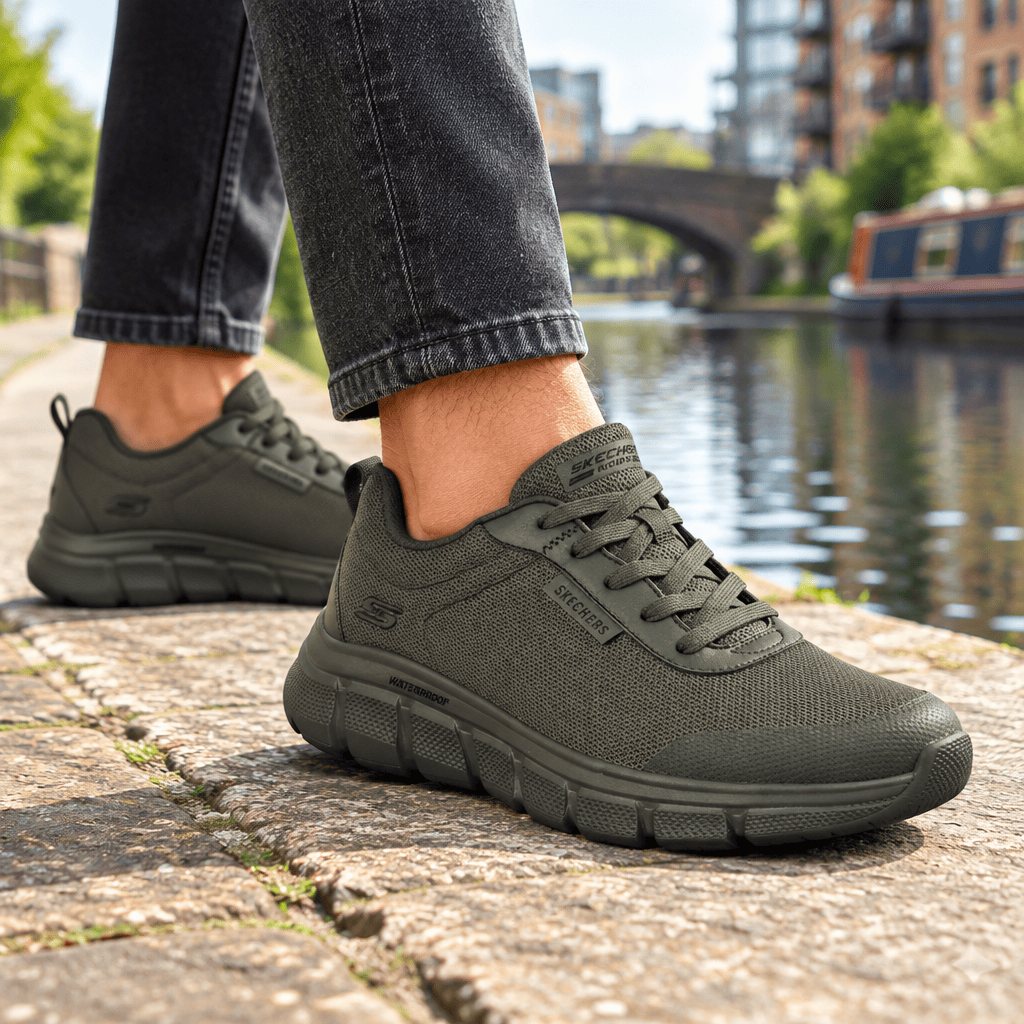 Men's Skechers waterproof lace-up trainer shoes, olive-green with laces and cushioned outsole