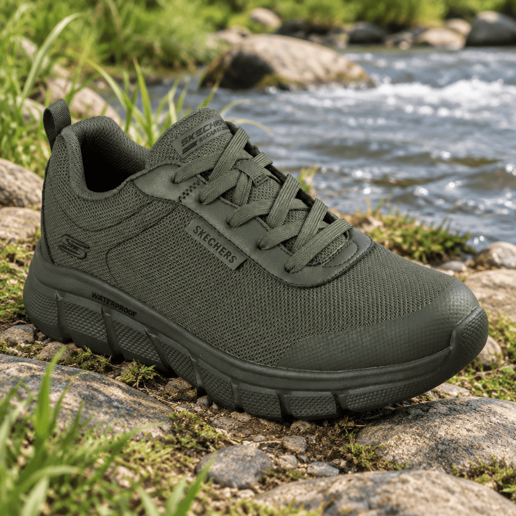 Men's Skechers waterproof lace-up trainer shoes, olive-green mesh upper and rubber sole