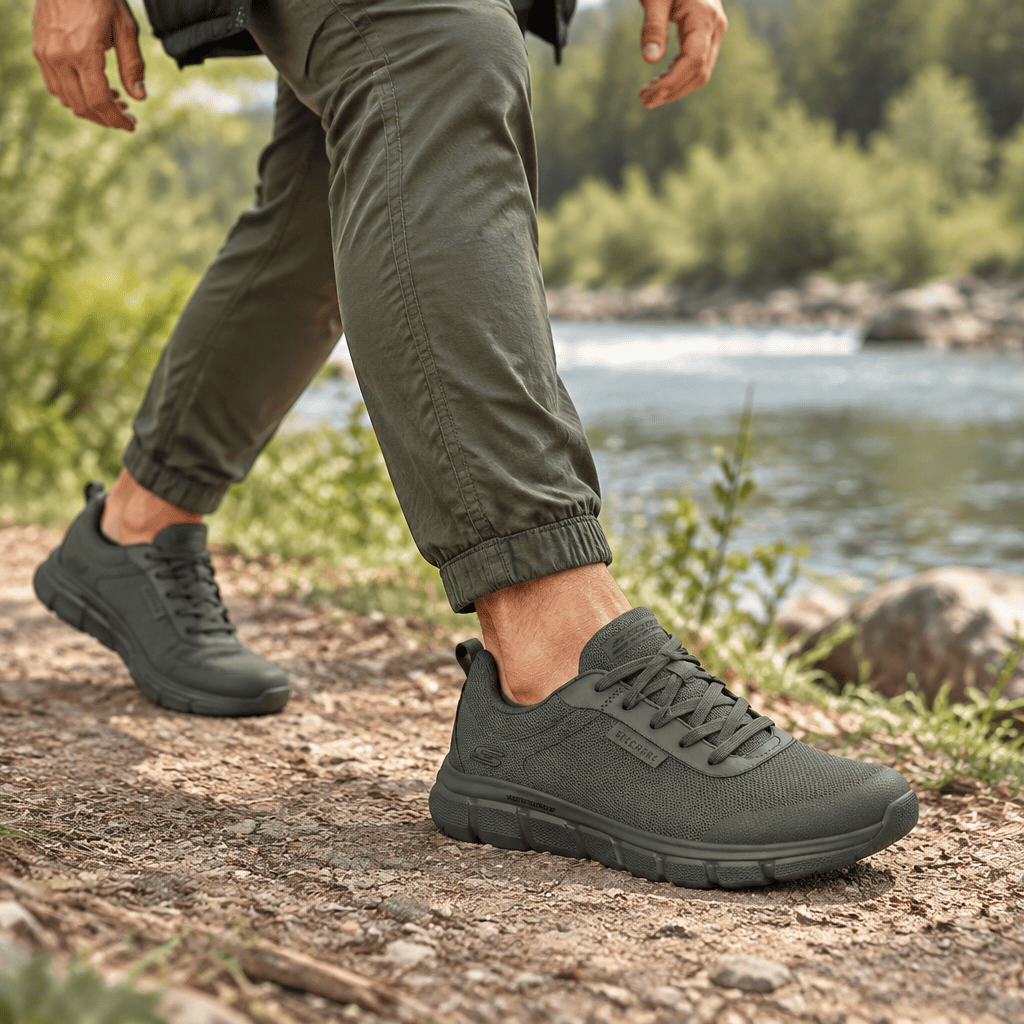 Men's waterproof lace-up trainer shoes in olive-green, side view with grippy outsole