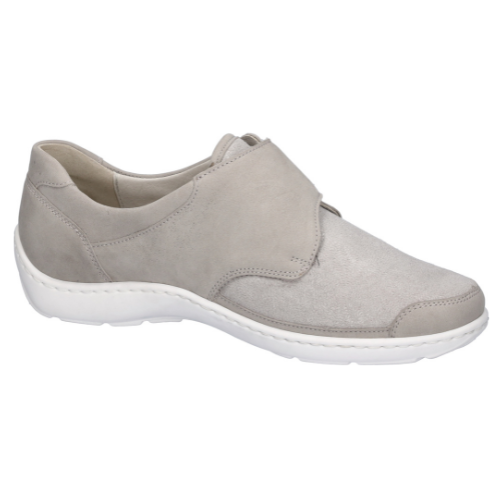 Gray slip-on shoe with a white sole on a white background