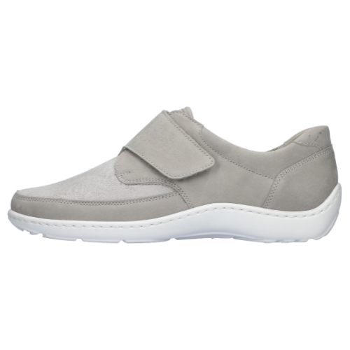 Gray shoe with a velcro strap on a white background