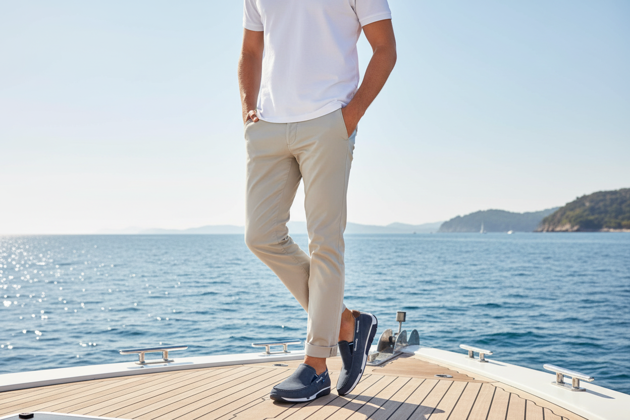 Man standing on a boat with a scenic ocean view