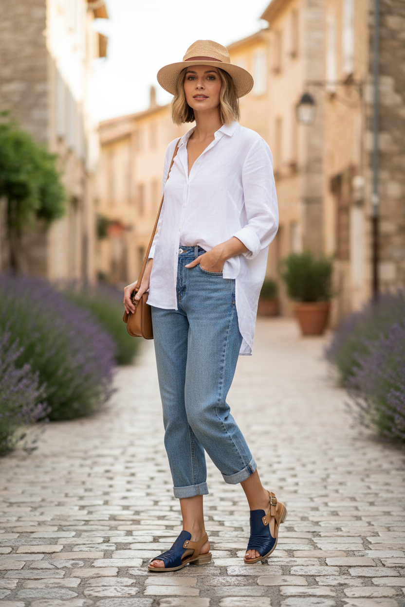Woman in white shirt, blue jeans, and straw hat walking on a cobblestone street with lavender plants.