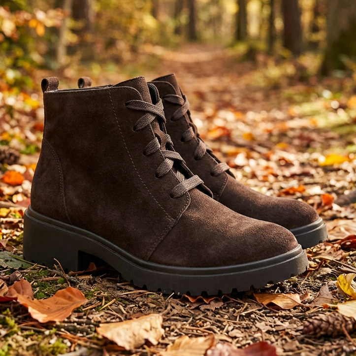 Pair of brown suede lace-up ankle boots with chunky black soles