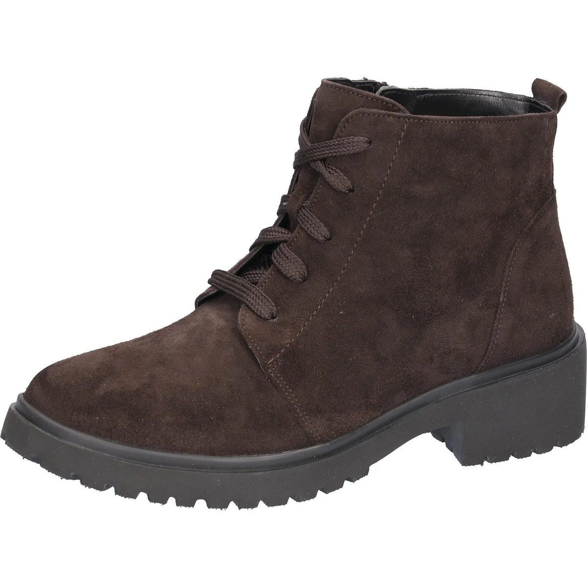 Brown suede lace-up ankle boot with a chunky black heel and treaded sole