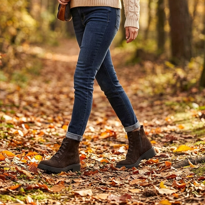 Brown suede lace-up ankle boots worn with cuffed jeans