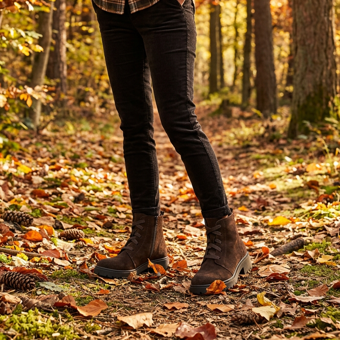 Brown suede lace-up ankle boots worn with black pants