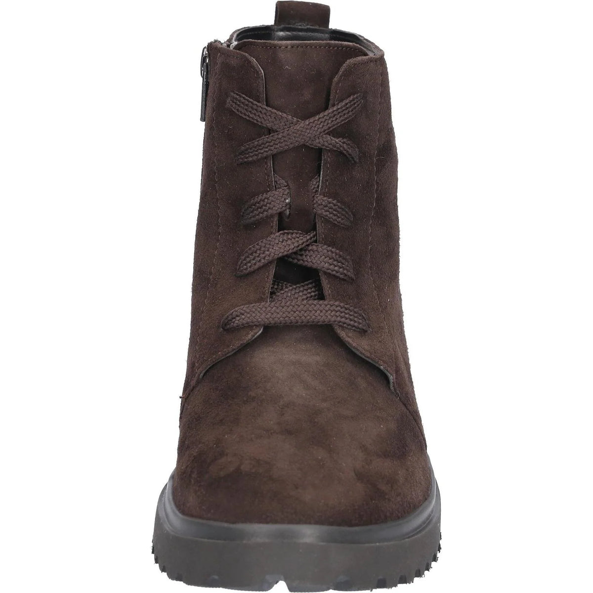 Front view of a brown suede ankle boot with crisscross laces and black sole