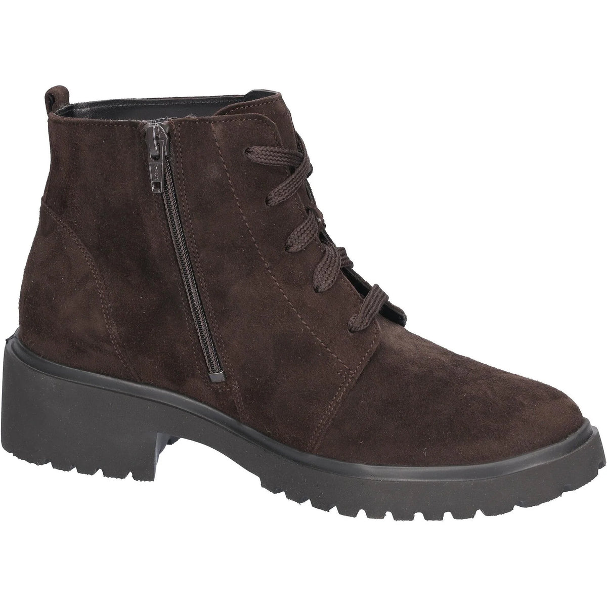 Brown suede ankle boot with side zipper, laces, and chunky black sole