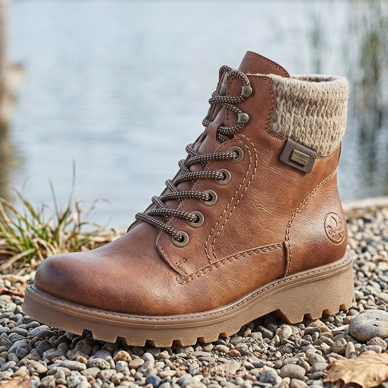 Rieker women’s brown biker boot with lace-up, padded collar, and lug sole
