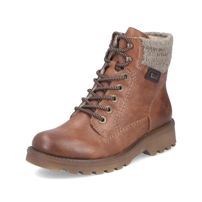 Rieker women’s brown biker boot with lace-up front and plush ankle lining