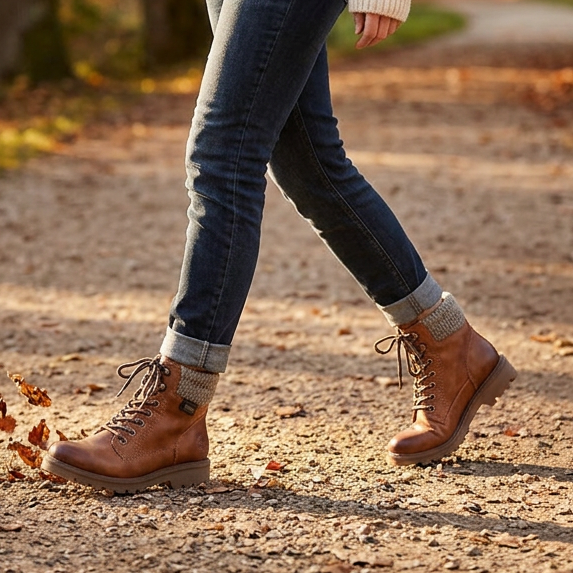 Rieker women’s brown biker boots worn with jeans, lace-up front