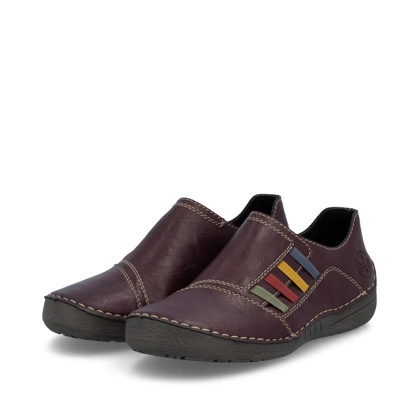 Women's slip-on shoes dark plum with multicolor strap detail and contrast stitching