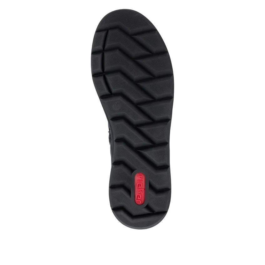 Women's black ankle boot outsole with zigzag tread pattern
