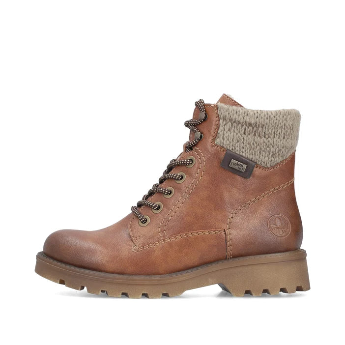 Rieker women’s brown biker boot with textured cuff and ankle pull tab