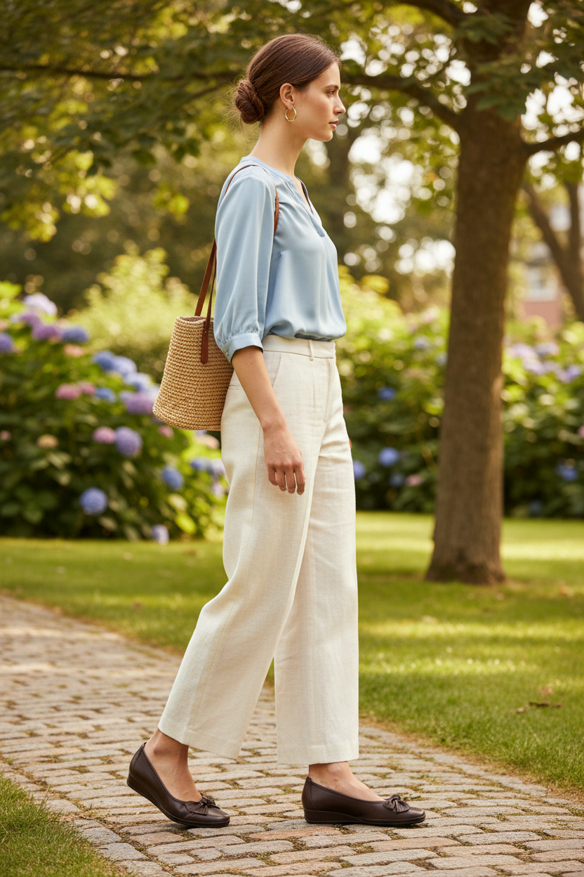 Woman walking in a park wearing a light blue shirt and white pants.