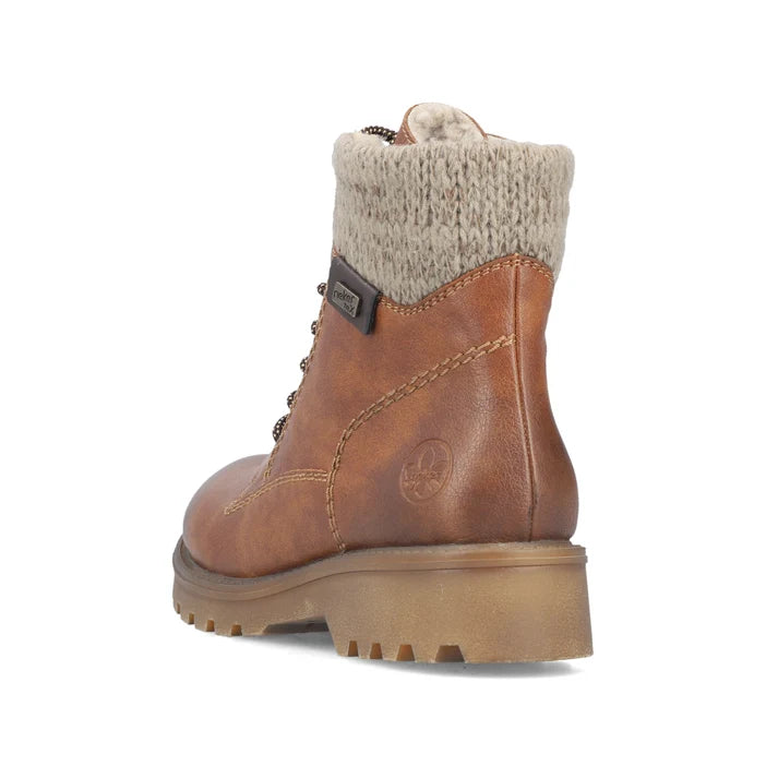 Rieker women’s brown biker boot with high cuff and rugged lug sole