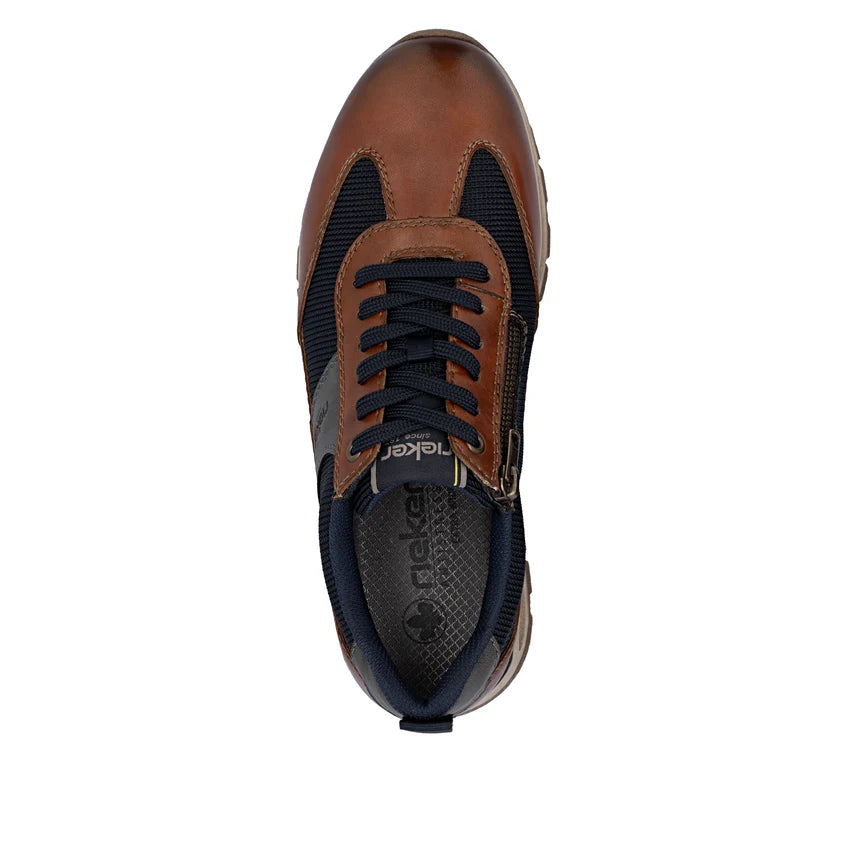 Men's brown and navy leather trainer, side view with lace-up closure and padded collar