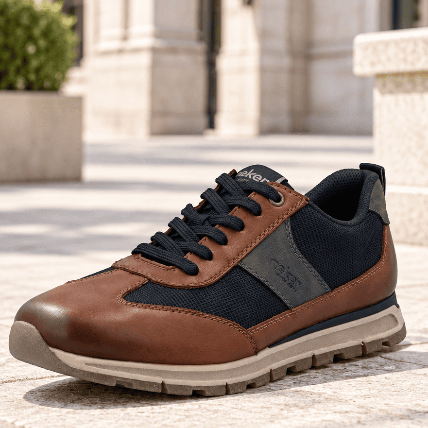 Men's brown leather lace-up trainer with navy mesh side panels and chunky tread sole