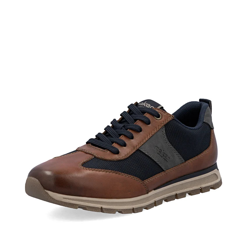 Men's brown leather lace-up trainer with navy mesh panels and chunky tread sole
