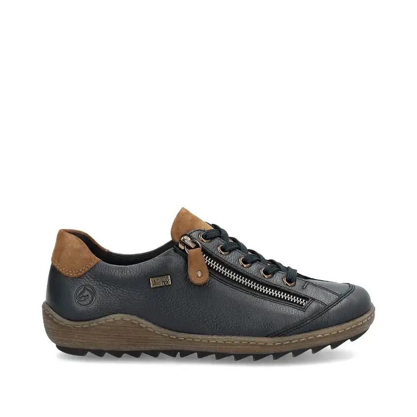 Navy zip-up lace casual shoes with brown collar and side zipper pull