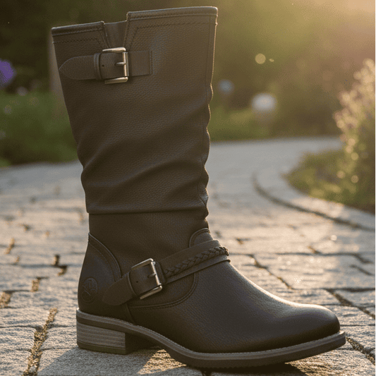 Dark leather mid-calf zip boot with side buckle strap and braided trim