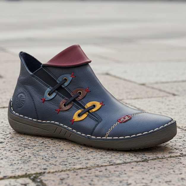 Women’s dark blue lace-up ankle boot with brown collar and colorful embroidery on the upper