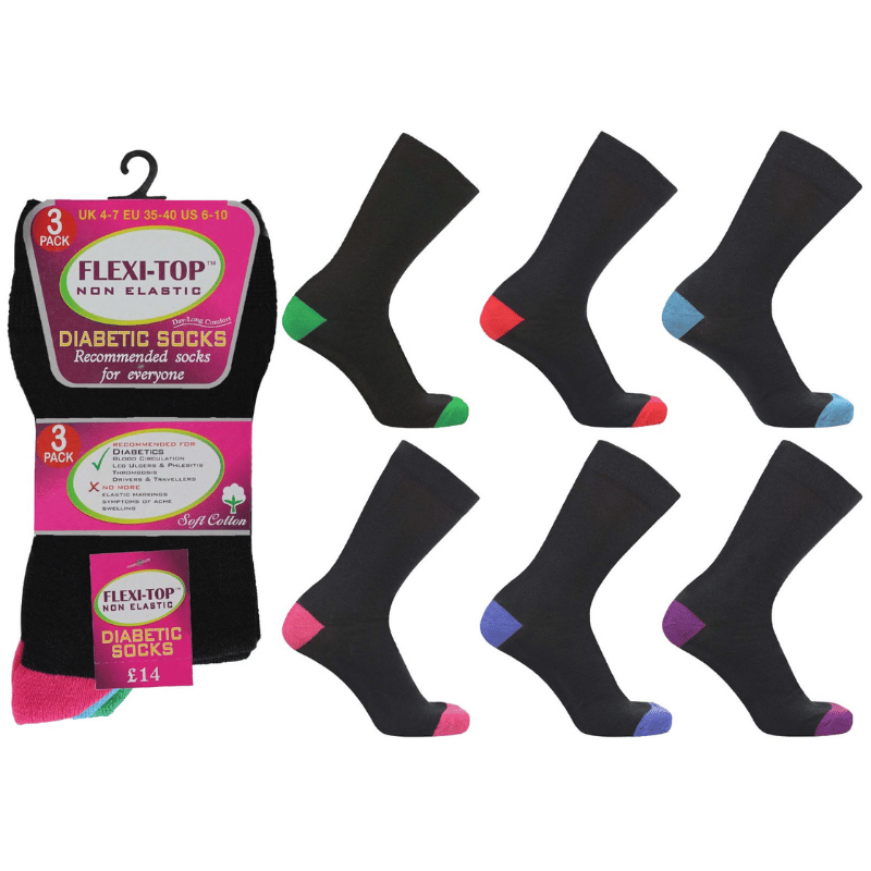 A 3-pack of Flexi-Top Non Elastic diabetic socks shown in their retail packaging on the left, with four loose socks displayed to the right to show the available toe color options. The socks are black with various accent toe colors including green, red, blue, and purple.