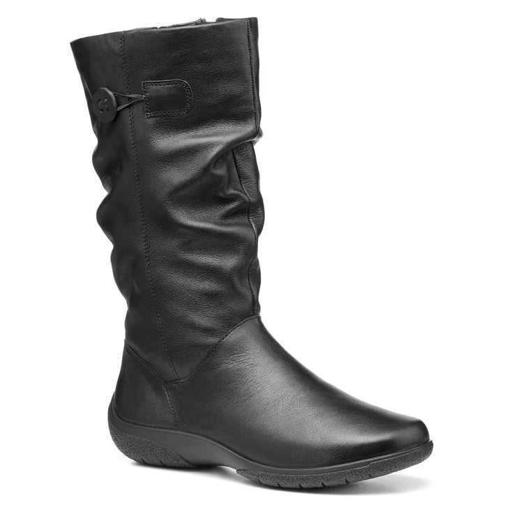 Black leather pull-on wide-fit boot with buckle strap and round button detail