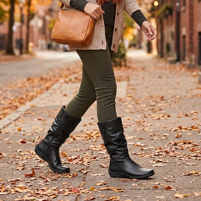 Black leather knee-high pull-on boots with side panels and low heel