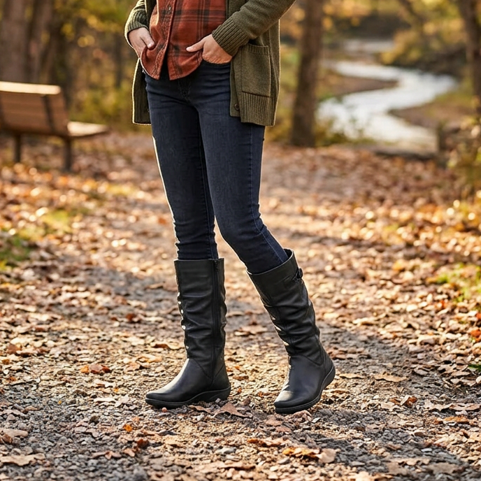 Black leather knee-high pull-on boots with low heel and side paneling