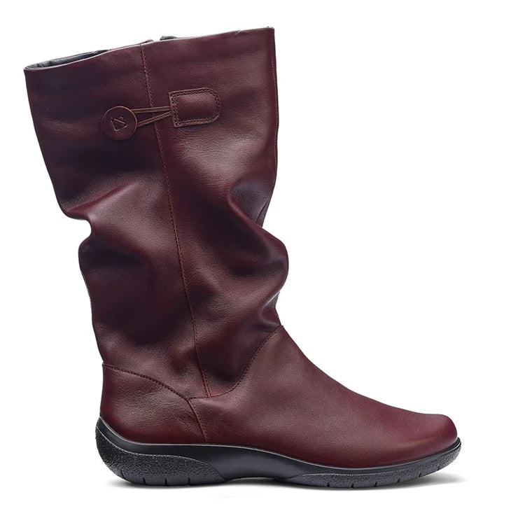 Women’s wide-fit leather boot in dark cherry with side buckle strap and pull-on style.