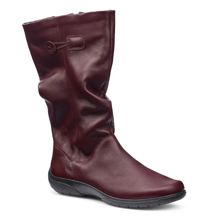 Women’s wide-fit leather boot in dark cherry, sleek pull-on upper with side strap detail.