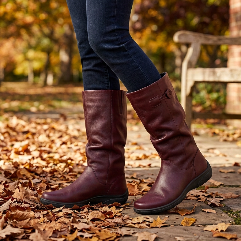 Women’s wide-fit leather boot pair in dark cherry with buckle strap and flat outsole.