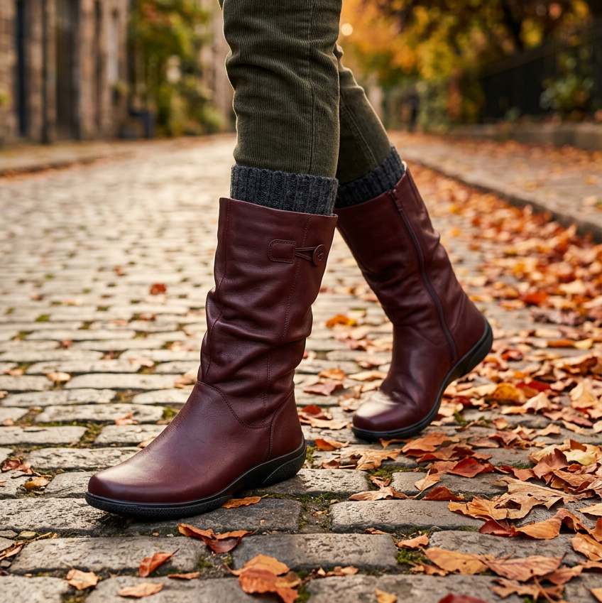 Women’s wide-fit leather boot in dark cherry, tall pull-on shaft with cushioned footbed.