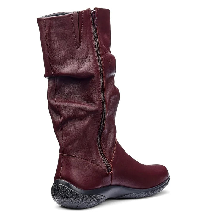 Women’s wide-fit leather boot in dark cherry with side zipper and cushioned collar.