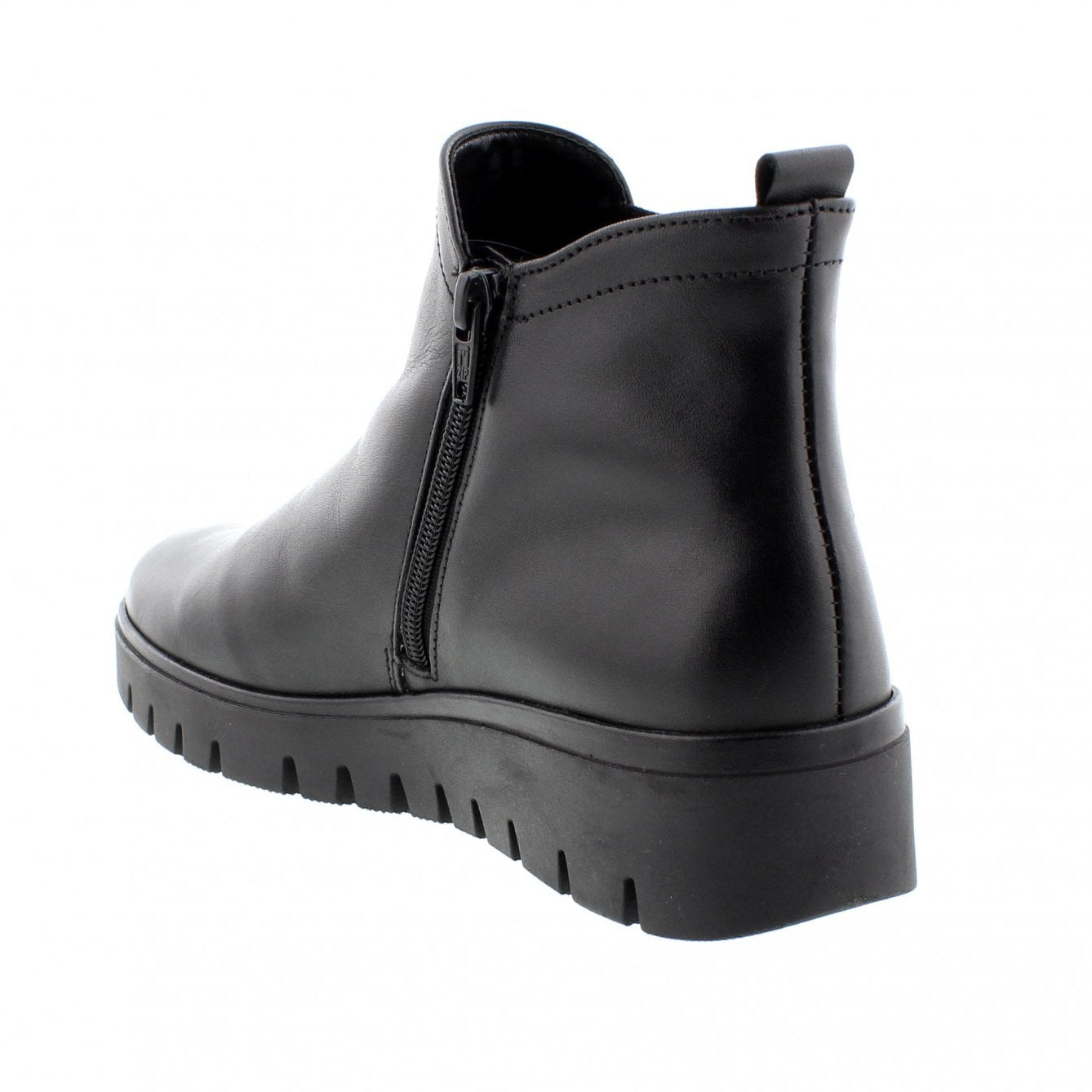 A black leather ankle boot with a side zipper and a chunky lug sole, shown from a rear three-quarter angle on a white background.