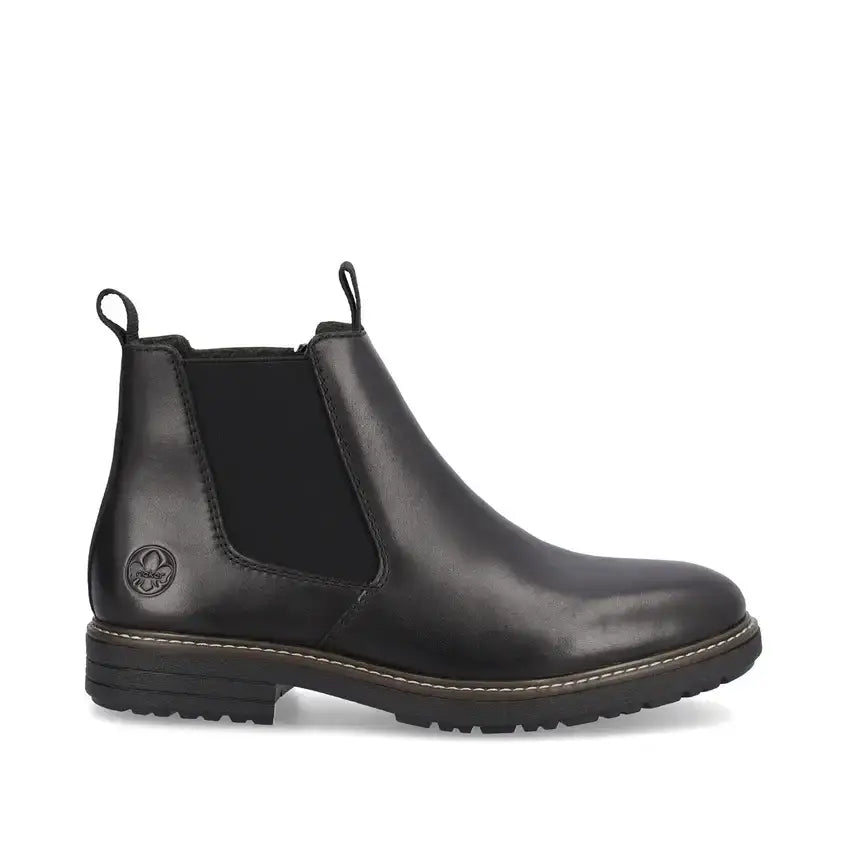 Men's black leather Chelsea boot with elastic side panels and pull loops