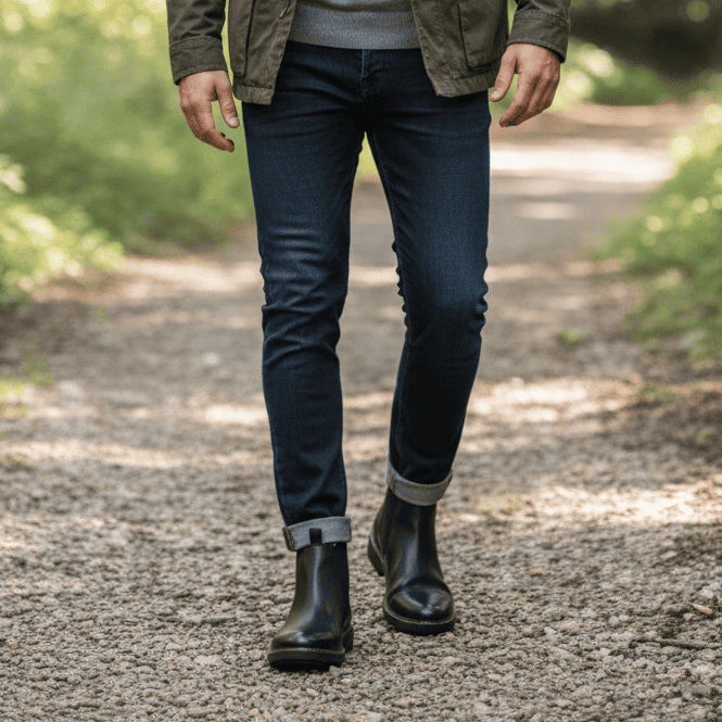 Men's black Chelsea boots worn with dark jeans