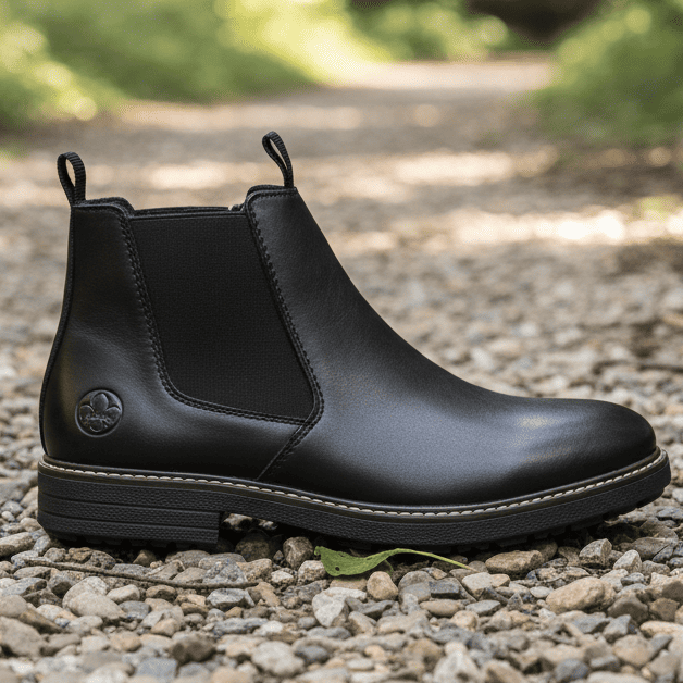 Men's black Chelsea boot with round logo on side and rugged outsole