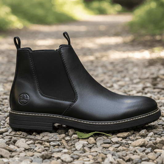 Men's black Chelsea boot with round logo on side and rugged outsole
