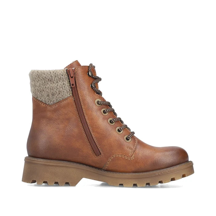 Rieker women’s brown biker boot with side zipper and lace-up closure