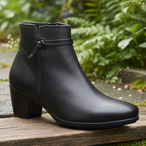 Women’s heeled ankle boots in black with strap-and-buckle closure and block heel