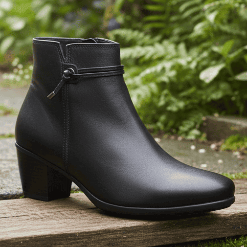Women’s heeled ankle boots in black with strap-and-buckle closure and block heel